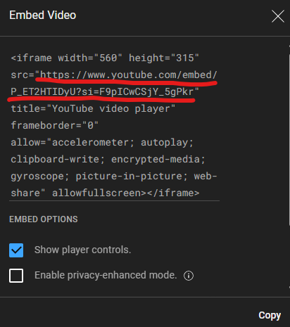 YouTube Embed Video dialog showing the iframe code, with the embed URL in the src attribute underlined in red